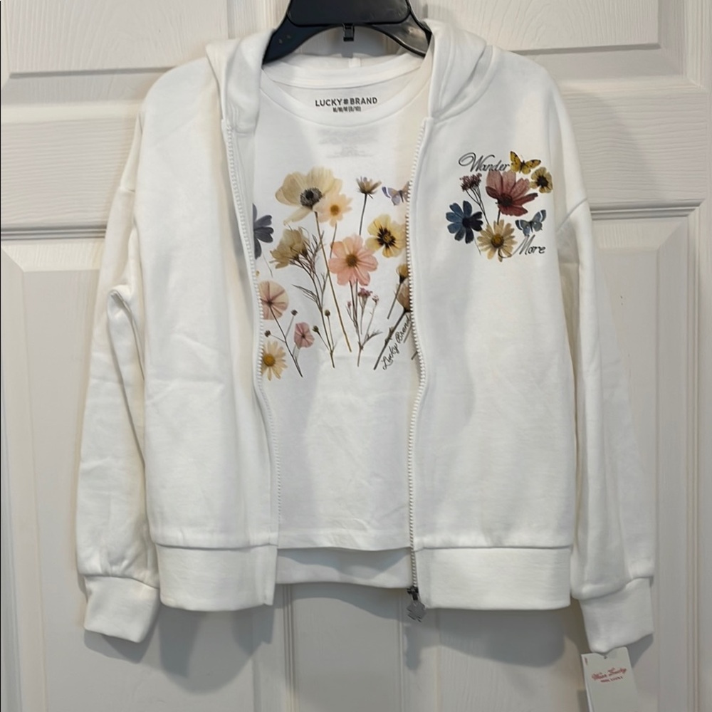 Lucky Brand Girls 8-10 Unique Pressed Floral Full Zip Hoodie w /matching tee NWT